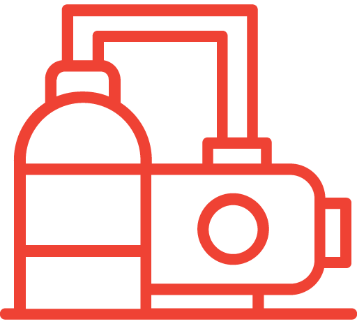 Red line illustration of a small air compressor or pump with a bottle attached and tubing.