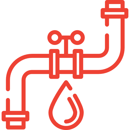 Red line drawing of a faucet-style valve on a plumbing pipe with a droplet beneath it, indicating water flow or leak prevention.